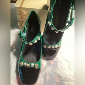 Cider Green and Black Heeled Shoes with Embellished Strap